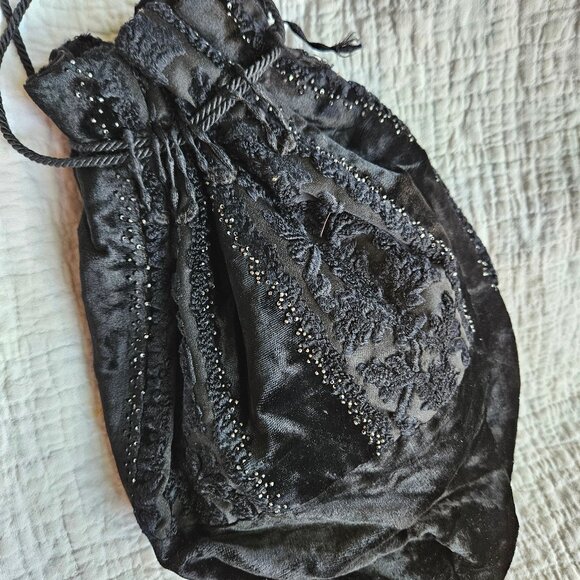 Antique Victorian Style Beaded Drawstring Purse Embroidered Velvet Reticule Bag - Picture 3 of 8